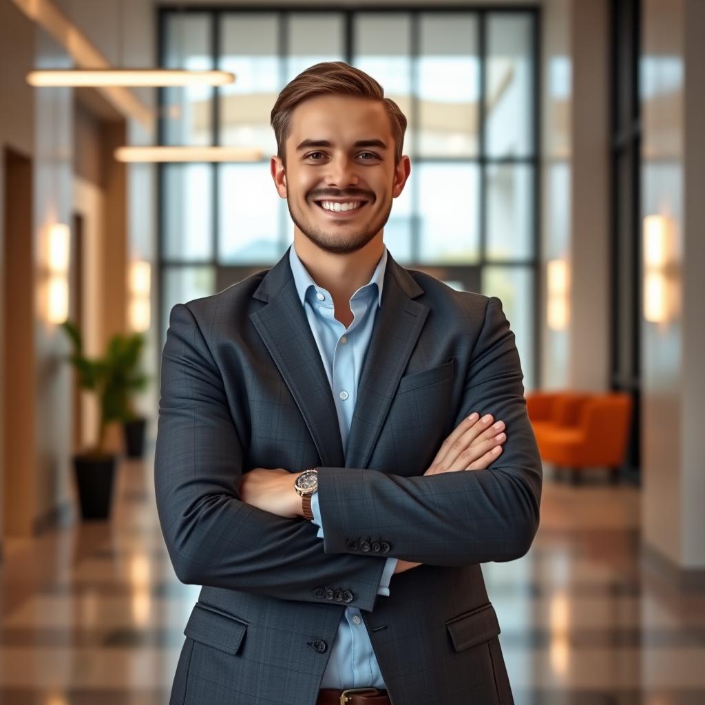A professional commercial property manager in a leased building lobby